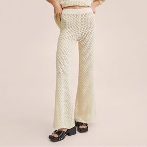 Mango Cream Figara Knit Palazzo Wide Leg Trousers